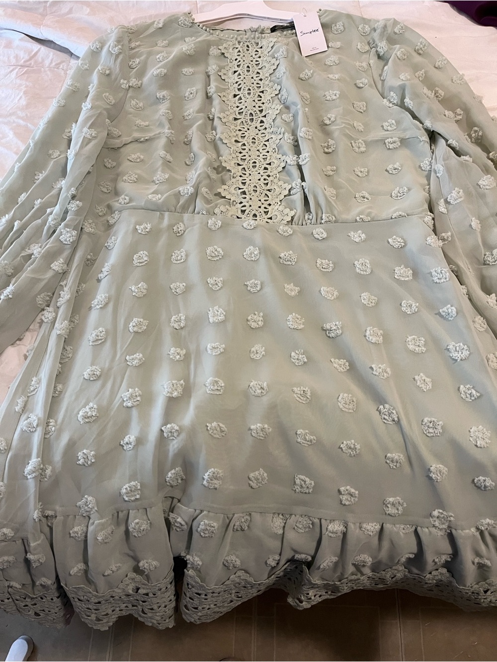 Women Sage Green Lace & Pom-Pom Dress